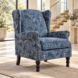 Blue Botanical Print Wingback Accent Chair with Nailhead Trim