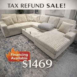 Sleeper Sectional Sofa Storage Chaise Camel 122"W X 96.75"D X 39.35"H