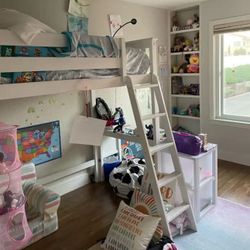 White Loft Bed With Desk And Bookshelf 