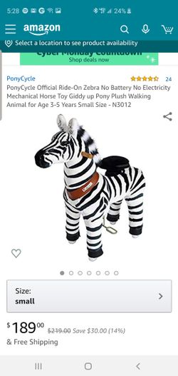 PonyCycle Official Ride-On Zebra No Battery No Electricity Mechanical Horse Toy Giddy up Pony Plush Walking Animal