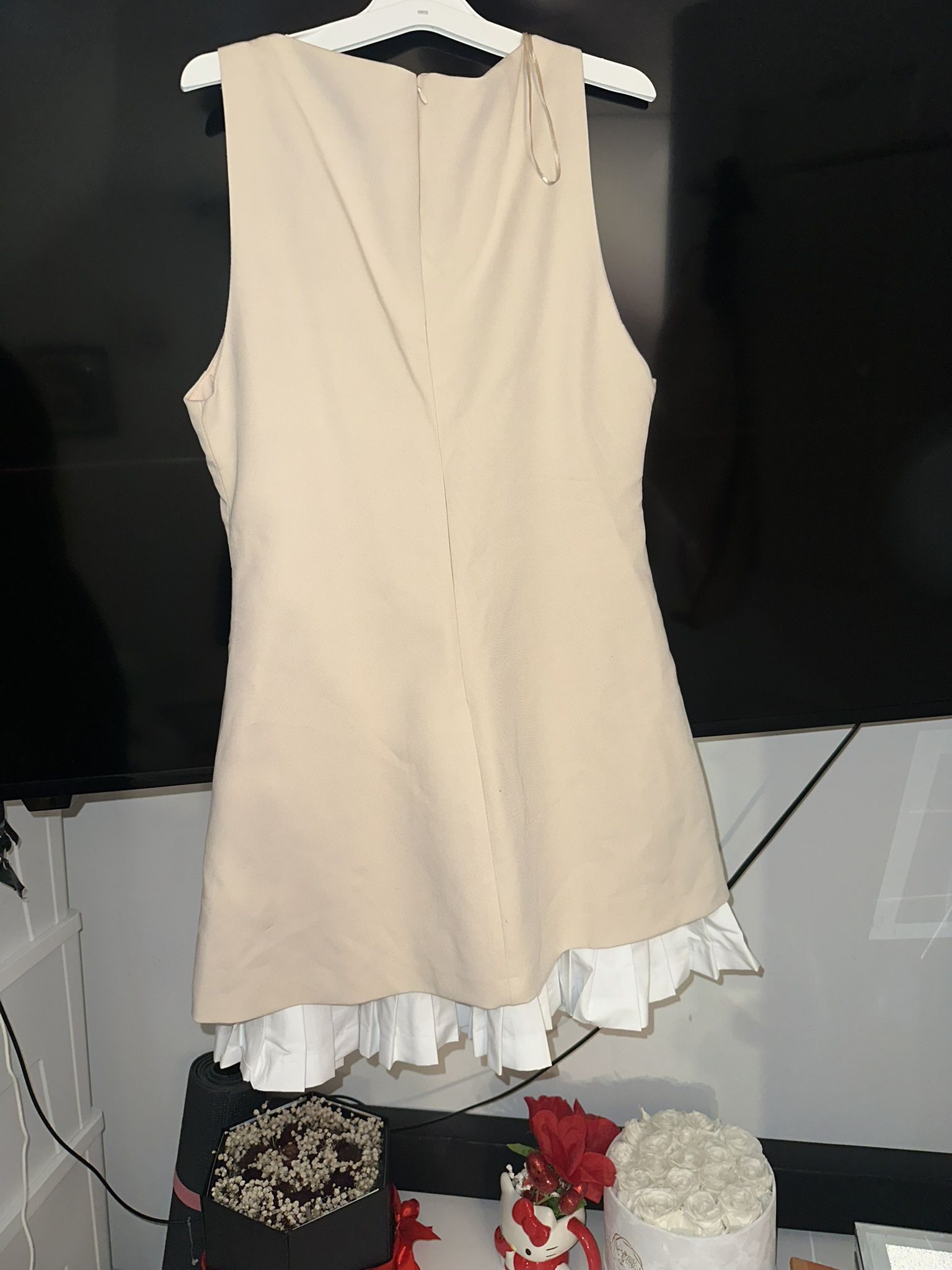 Nude Sleeveless Dress with White Pleated Hem (New w/ Tag)