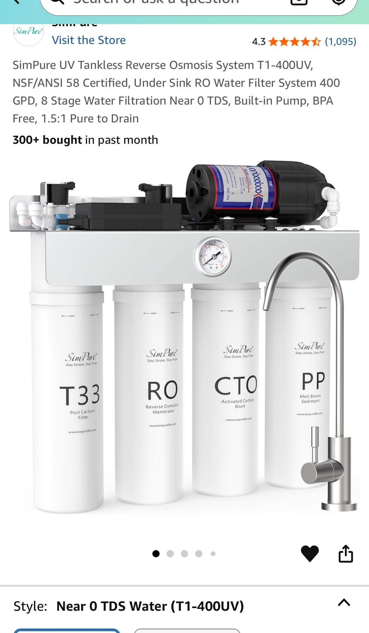 SimPure UV Tankless Reverse Osmosis System T1-400UV, NSF/ANSI 58 Certified, Under Sink RO Water Filter System 400 GPD, 8 Stage Water Filtration