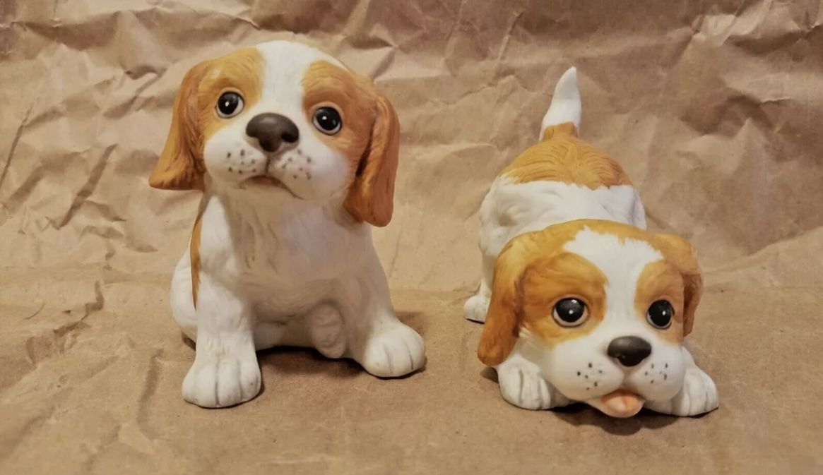 Vtg Homco Set- 2 King Charles Spaniel Puppy Figurines Ceramic