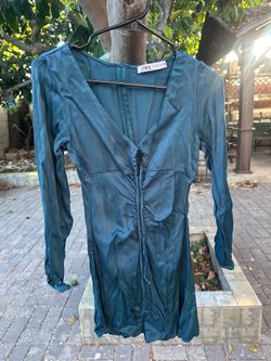 4th of July Sale Zara Size S Teal Ruched V-Neck Long Sleeve Dress