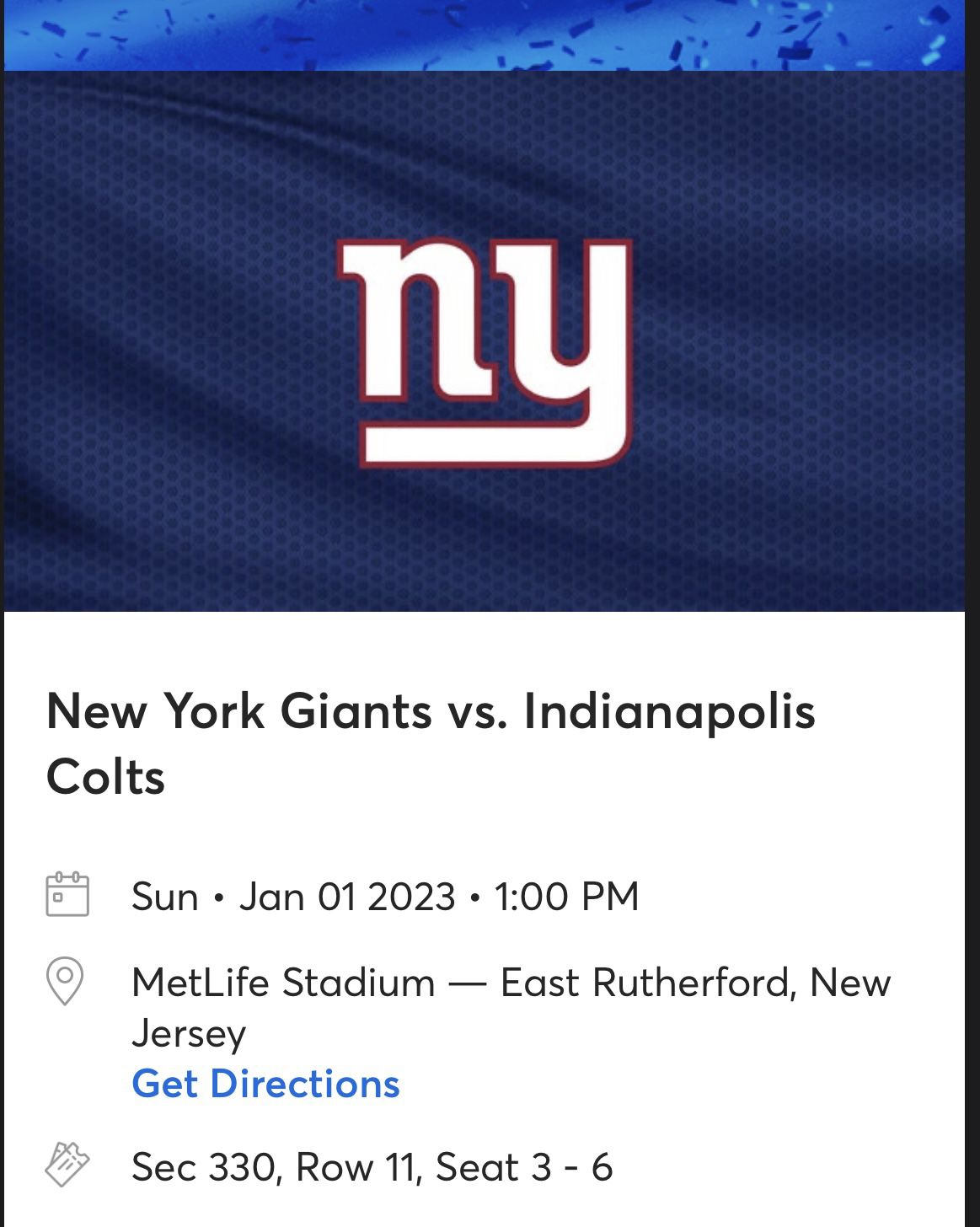 New York Giants Vs Indianapolis Colts 01/01/23 At MetLife Stadium 