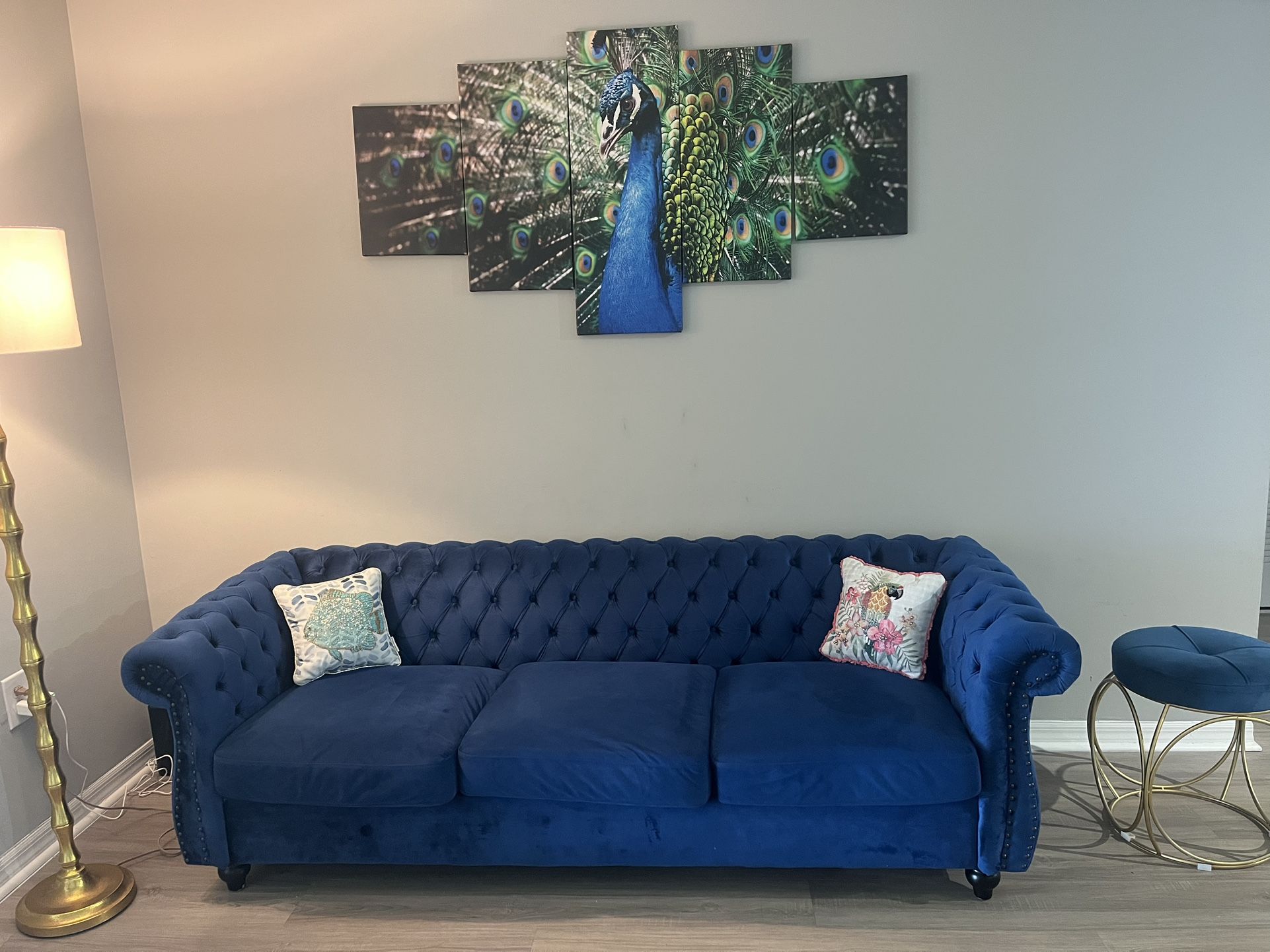 Midnight Blue Velvet 3 Seats Chesterfield Sofa