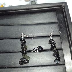 Obsidian Chip Earrings And Adjustable Obsidian Ring