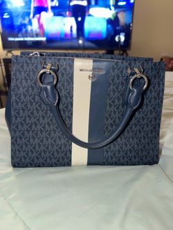 Michael Kors Blue White Monogram Satchel with Coin Purse & Detachable Strap