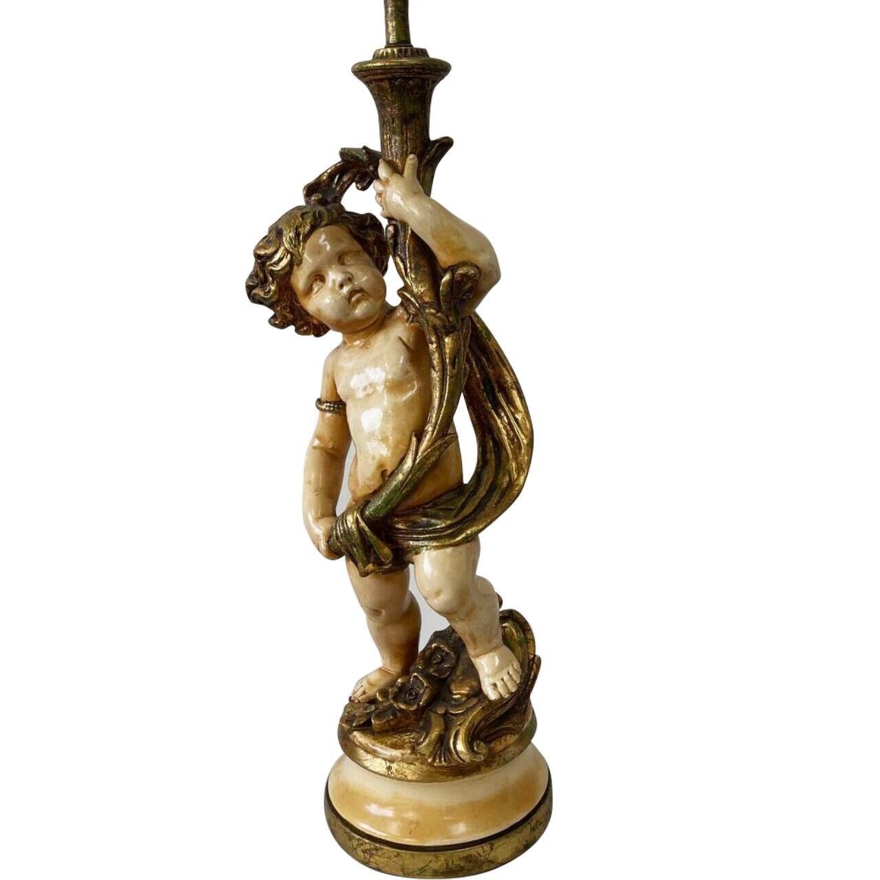 Table Lamp, Large Antique Metal Gold Art Deco Figure, Cherub, Vintage