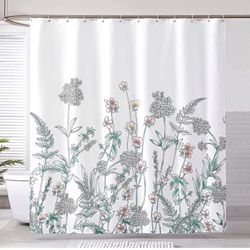 Floral Shower Curtain Waterproof Fabric Plant Shower Curtains with 12+2 Hooks