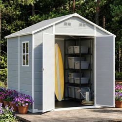 2138  Belord 8x6 FT Resin Outdoor Storage Shed with Sloped Roof & Lockable Doors, Weather Resistant Garden Shed with Ventilation, Windows, Heavy Duty 