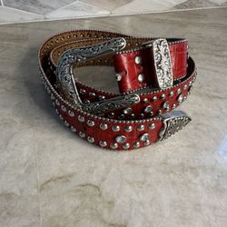 Nacona Red Leather Studded Belt Size Large Ladies