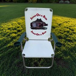 Vintage Budweiser Canvas Lawn Chair Metal Frame Jump on a Bud Frog! Some wear see pic, sturdy. 25x27x35in Seat height 17in