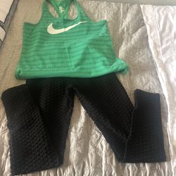 Green Nike Shirt and Black Leggings