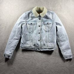 Y2K Levi's Premium Trucker Jacket Women’s M Blue Sherpa Denim Shearling Big E