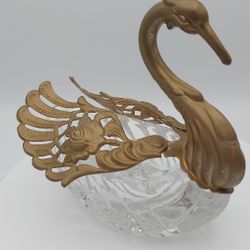 Beautiful Vintage 2-Piece Crystal & Brass Swan Master Salt Cellar