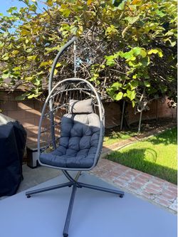 Egg Chair Outdoor with Stand, Indoor Wicker Hanging Egg Swing Chair with Cushion, 350lbs Capacity for Patio, Bedroom, Garden - Dark Grey