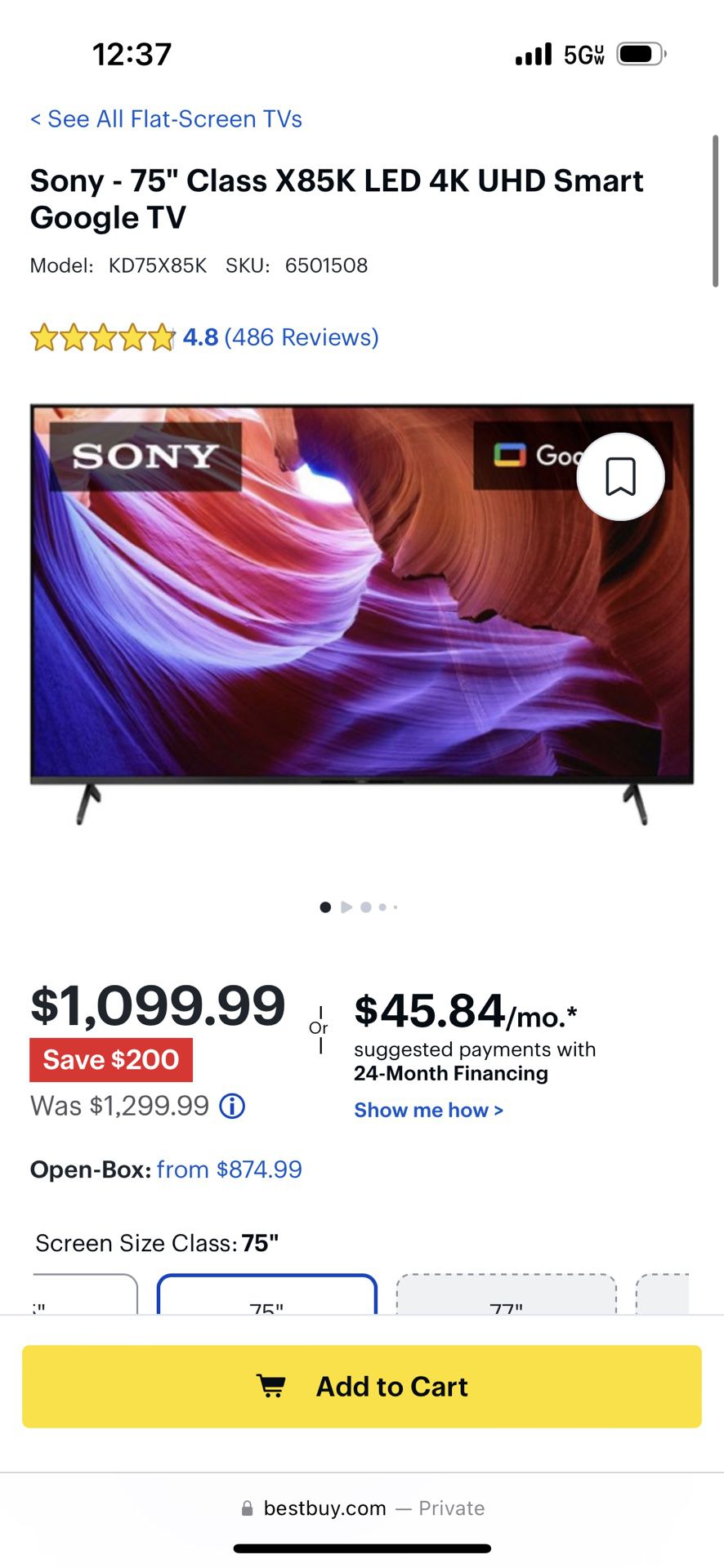 Sony 75” Class X85K LED 4K UHD SMART Google TV