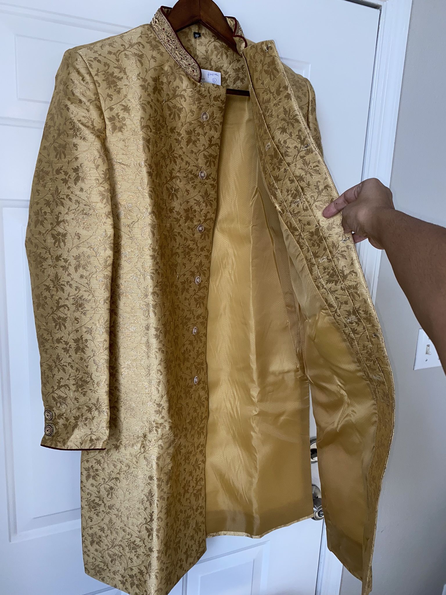 Men’s Sherwani Kurta Pajama Beige Cream Burgundy Maroon Size 36