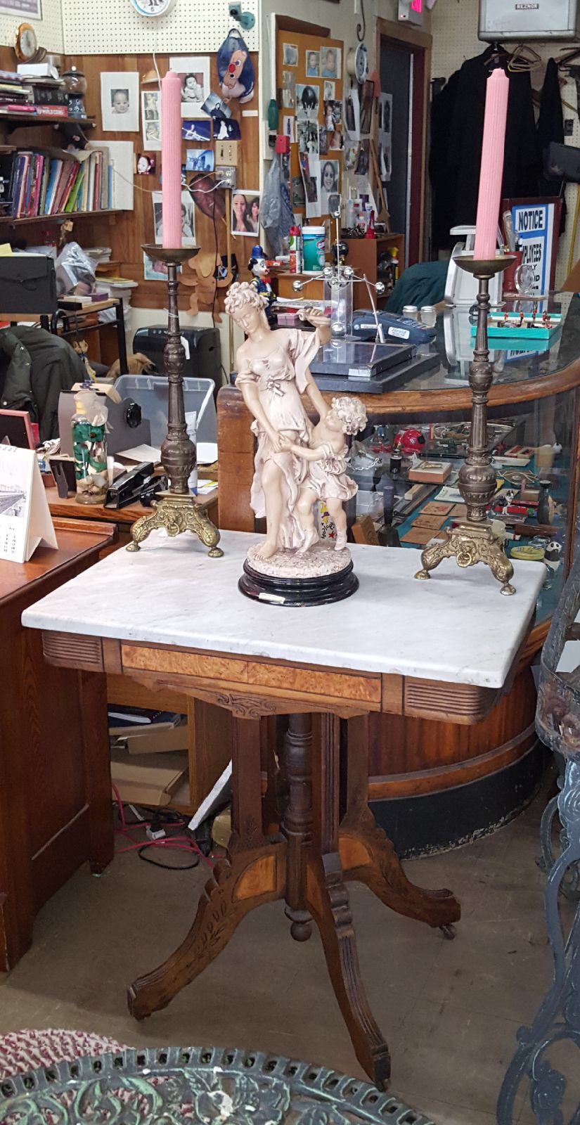 Marble top table $175 candelabras $150 candlesticks are 20 3/4" tall not including candles Statue is 55.00 & is 19" tall