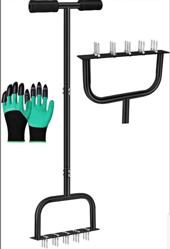 Manual lawn aerator tool, 35 inches, 15 spikes 2.8 inches long