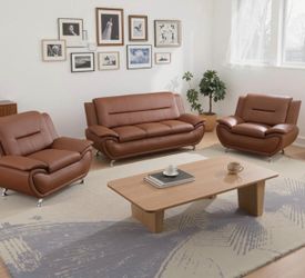 Modern Style Brown Leather Three Piece Couch Set