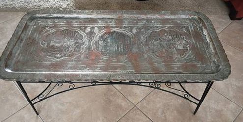Persian Qajar Hand-Engraved Tinned Copper Tray Table Top