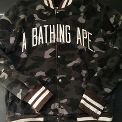 Vintage Bape Grey Camo Stadium Football Sweat Jacket 