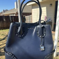 Michael Kors Mercer Gallery Center Zip Ruffled Med Tote Navy Blue Leather