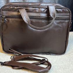 Brown Leather Laptop Briefcase Business Work Bag Double Zip With Strap