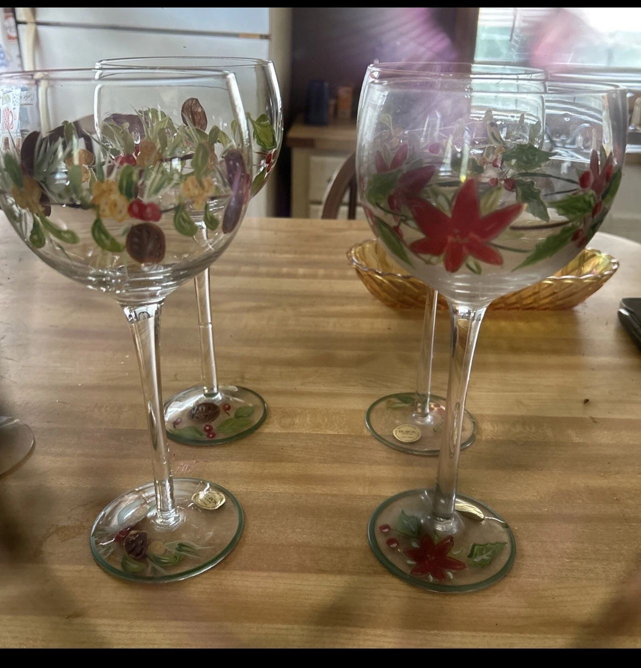 Nice Tall Pretty Wine Glasses With Pretty Flowers Holly Berries Each Is Diffren
