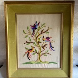 Vintage Custom Framed Colorful Birds Crewel Embroidery Artwork 