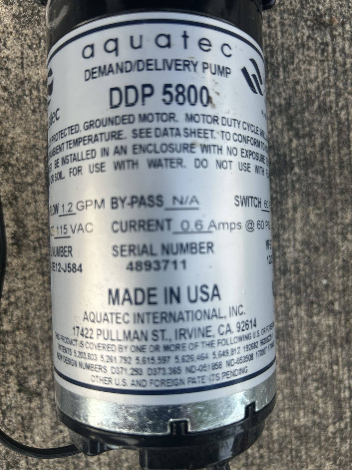 Aquatec 5852-7E12-J584 Pump 1.2 GPM, 3/8"JG, 115V