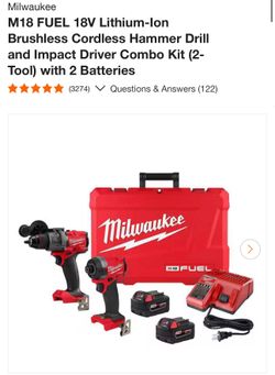 Milwaukee M18 FUEL 18V Lithium-lon Brushless Cordless Hammer Drill and Impact Driver Combo Kit (2- Tool) with 2 Batteries