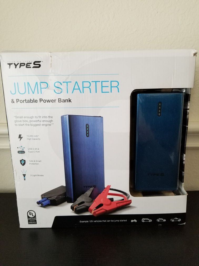 Type S Lithium Jump Starter Portable Power Bank with LED Flashlight for Sale in Richardson, TX