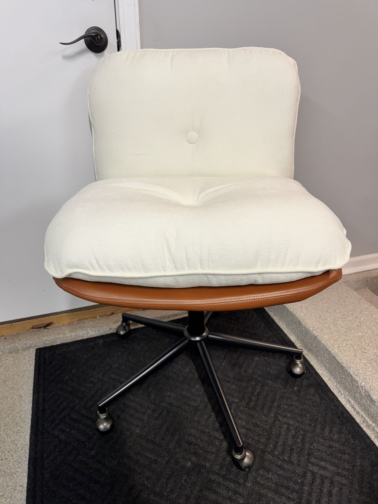 Brand New White/Tan Vegan Leather Wide Seat CrissCross Height Adjustable Rolling Office/Vanity Chair