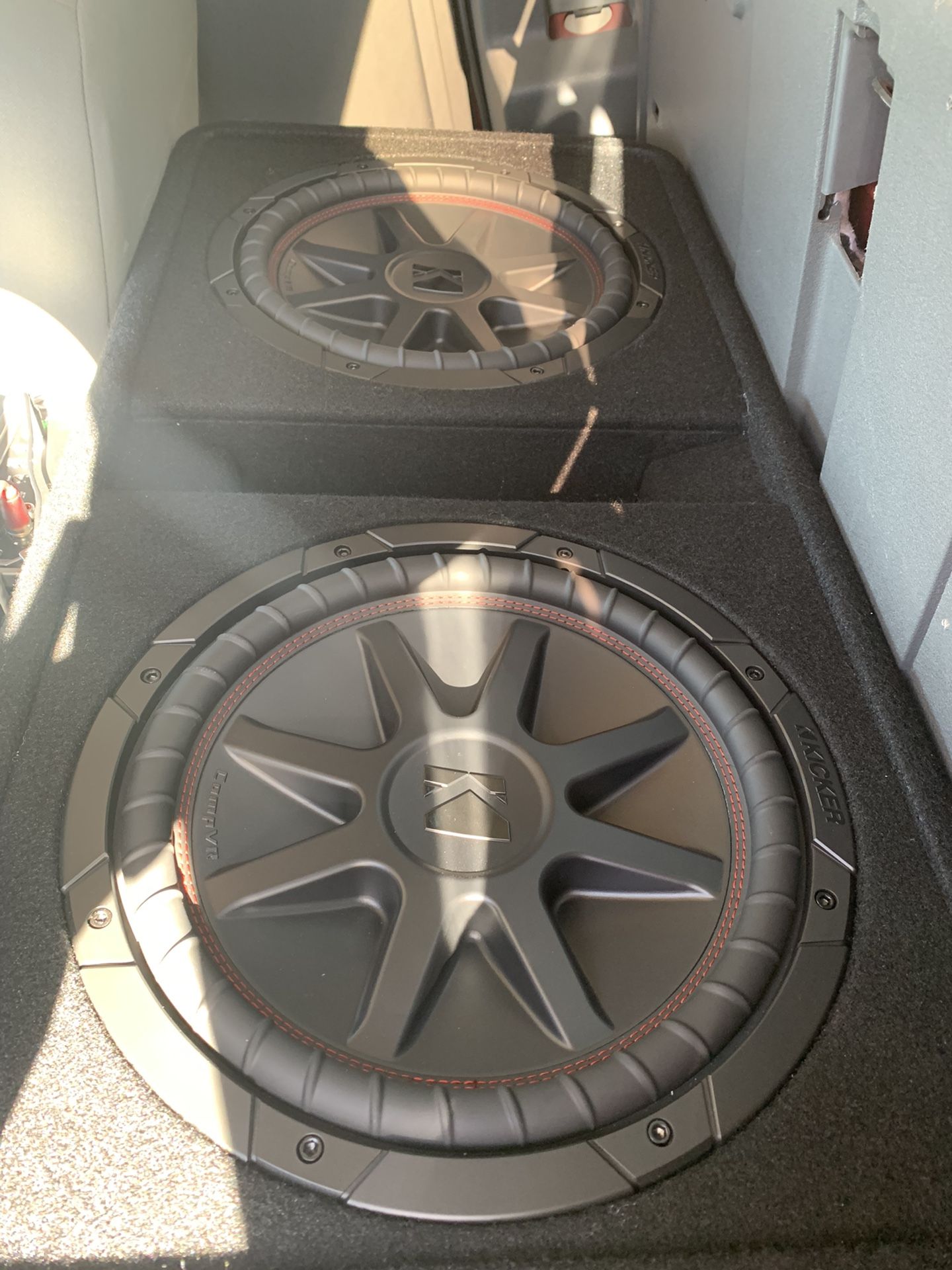Kicker Comp VR 12 inch subs in kicker ported box.Kicker 2400 Watt amp