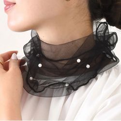 Black Sheer Pearl Ruffle Neck Scarf Elegant Mesh Choker Collar for Vintage Style