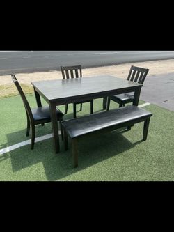 Dark Wood Dining Table Set with Bench