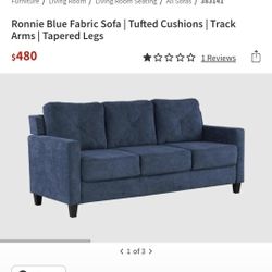 Ronnie Blue Fabric Sofa | Tufted Cushions | Track Arms | Tapered Legs