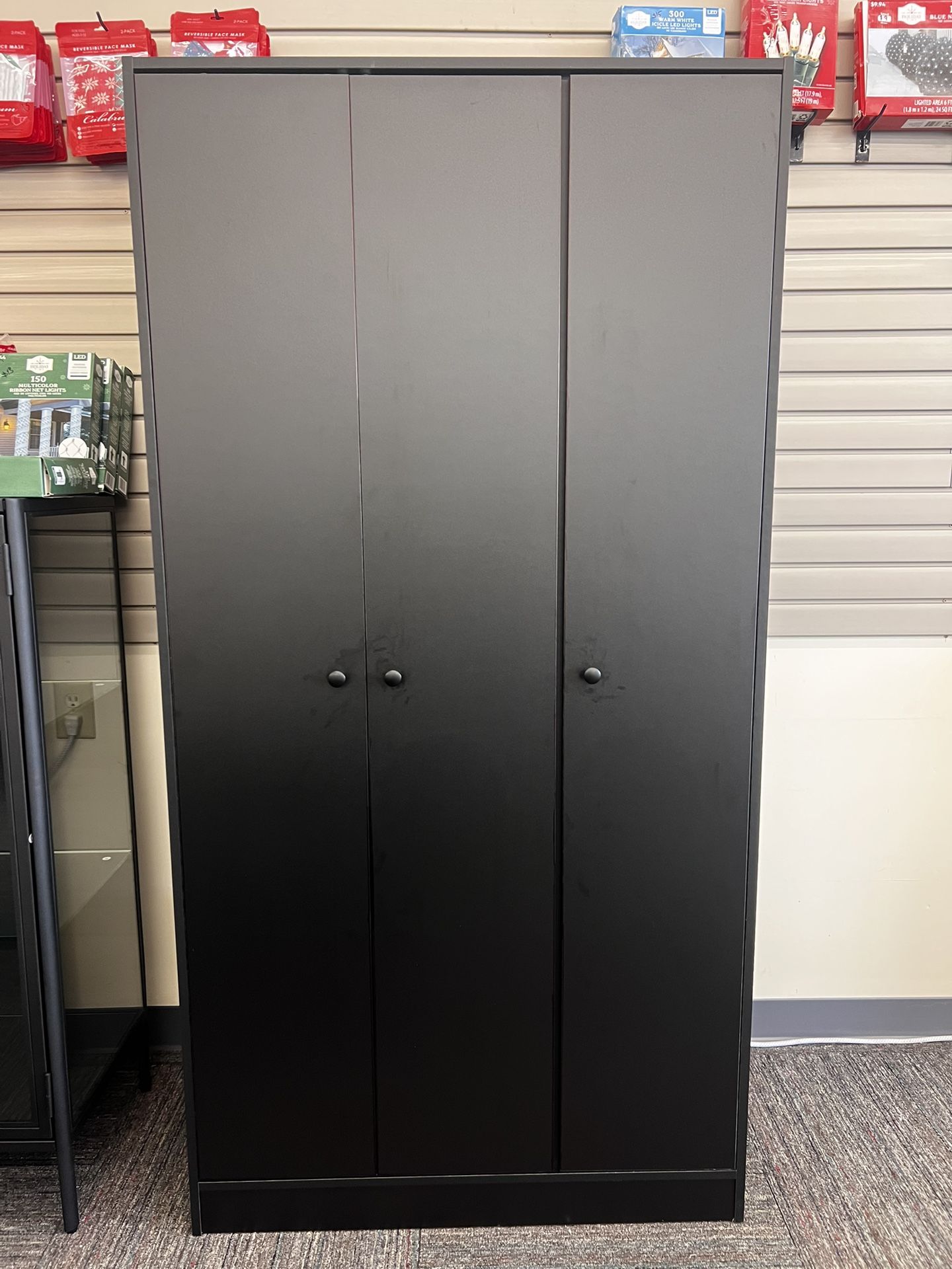 71 in. 3 Door Modern Bedroom Armoire with Shelves & Hanging Rod, Cabinet, Black Wood, New 