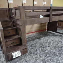 Solid Wood Oak Furniture West Loft Twin Bunkbed W/ Staircase, Ladder, Storage Drawers & Cubbies