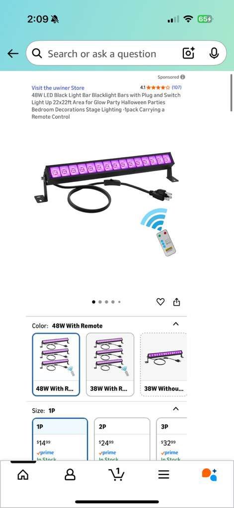 Black Light Bar with Remote and Switch,Blacklight Bars with Plug and 6.5ft Cord,Black Light for Glow Party,Halloween,Bedroom,1 Pack New sealed packa