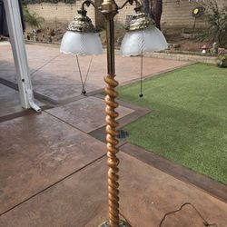 Antique Carved Spiral Wood Stand Dual Socket Floor Lamp