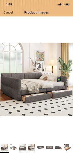 Gray Upholstered Daybed with Storage Drawers