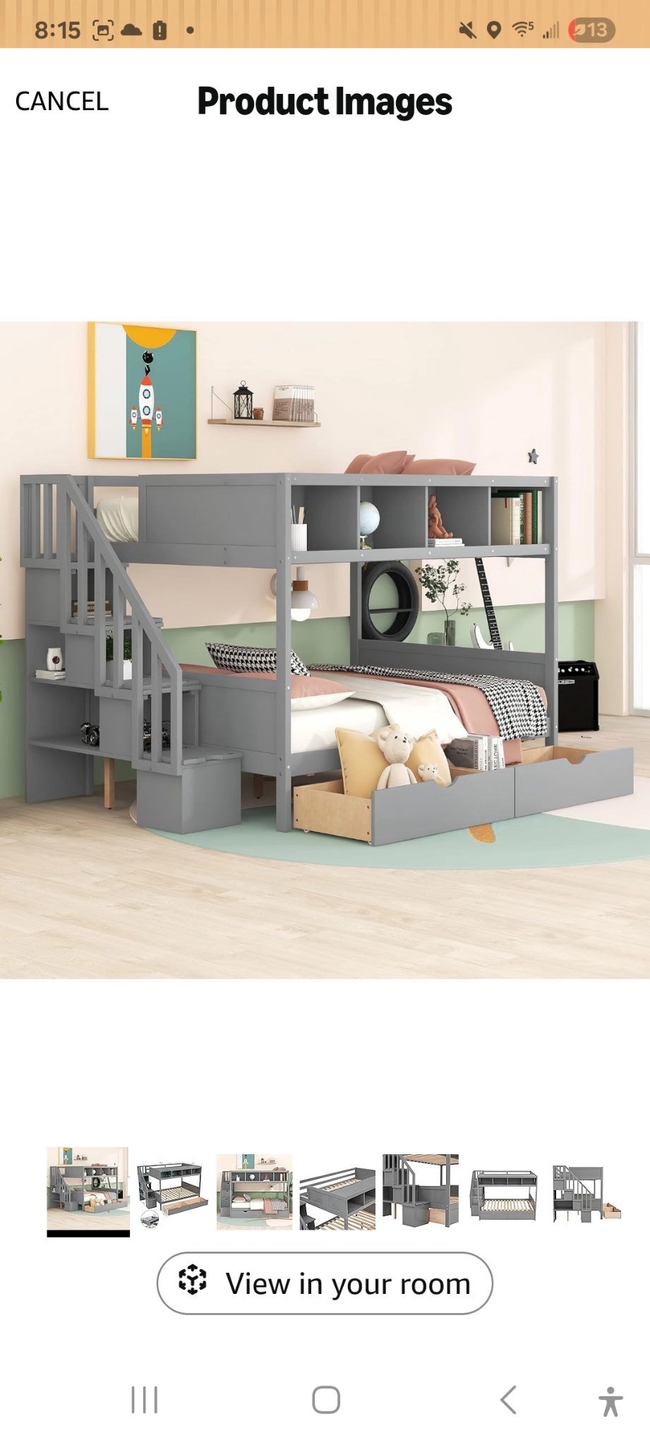 Stairway Twin Over Full Bunk Bed with Stairs Storage, 2 Drawers and Shelf, Wooden Bunkbed for Kids Teens Adults Bedroom, Gray