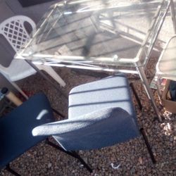 Nice Glass And Chrome Dining Room Table With 2 Cloth Chairs 