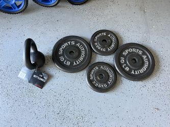BUNDLE: 2-10 lb, 2-5lb Sports Authority Standard Size Barbell Weight Plates & 1-8.8 lb. Kettle Bell 