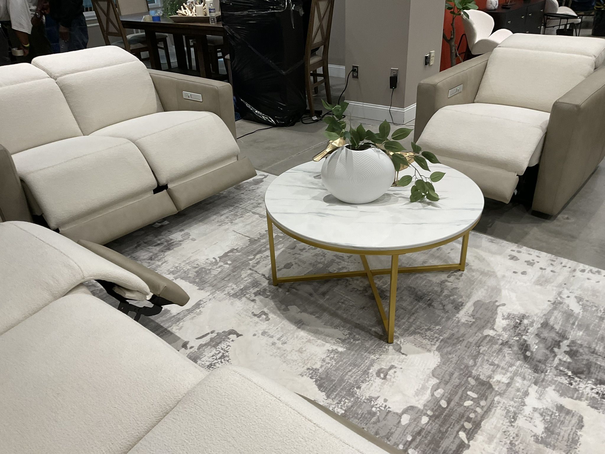 New dual power recliner 2 tone leather /fabric Sofa, loveseat and chair.