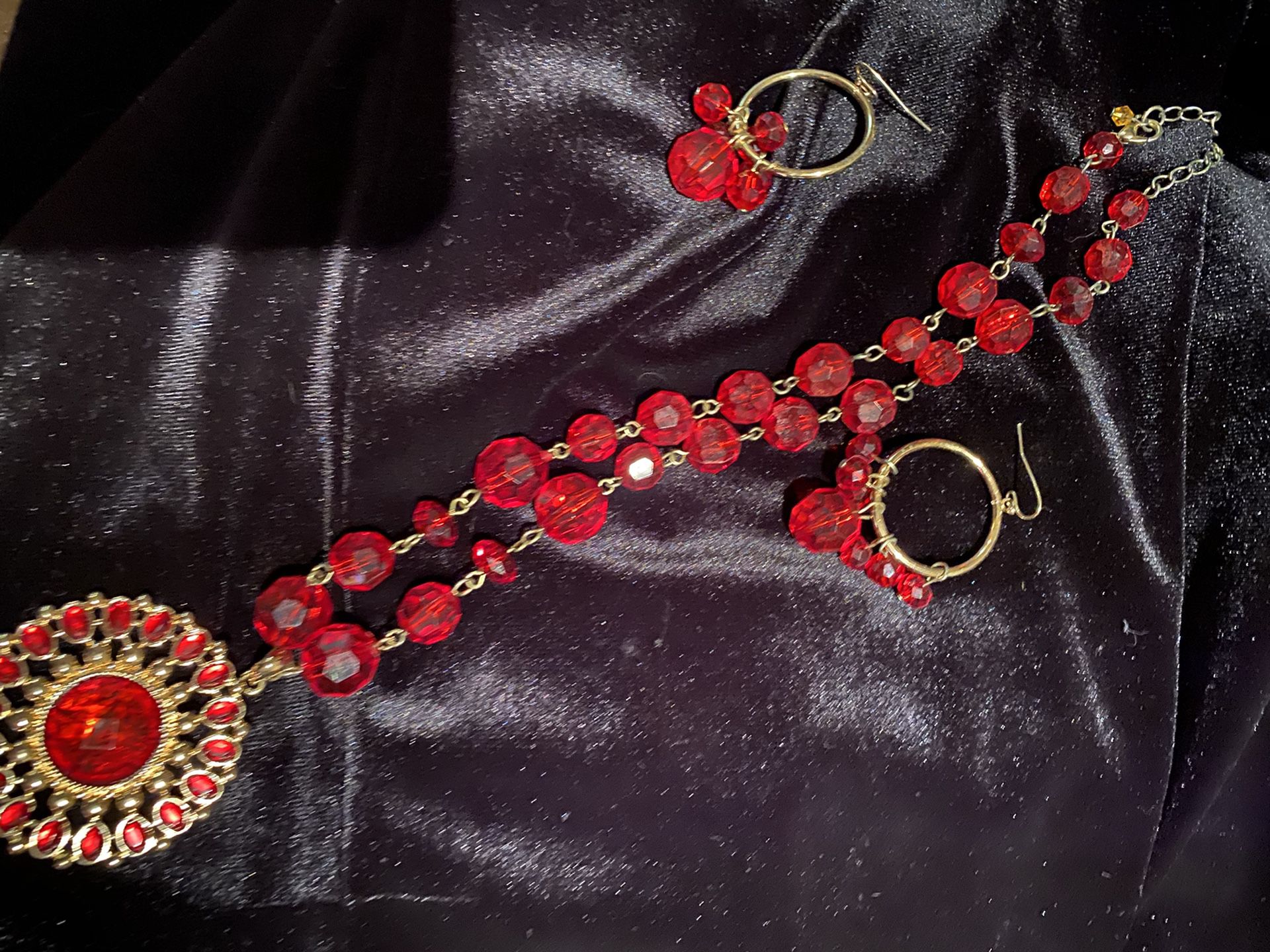 Red rhinestone/red beaded necklace-earrings set all for $25